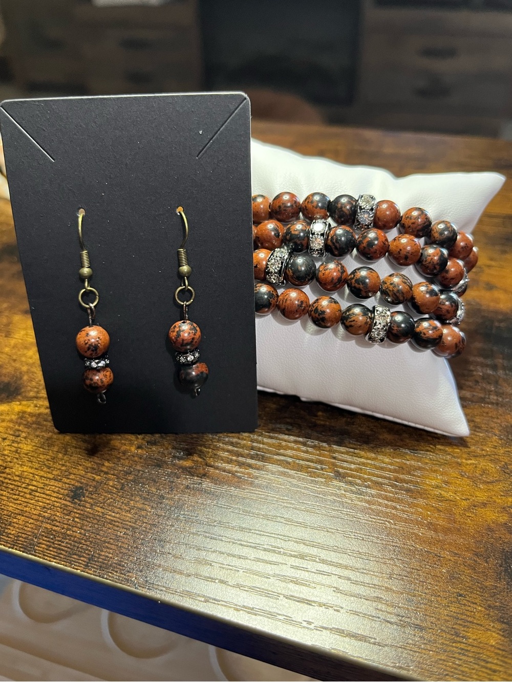 ✨ Natural Mahogany Obsidian 4-Piece Bracelet Stack & Matching Earrings Set ✨ - Picture 2 of 10